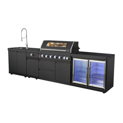 Літня Кухня B-ZH601-1-BG, 3380x580x900 мм, Art Flame, Система безпеки газ/полум’я, 1 шафа з мийкою та краном, 1 вбудований холодильник, Зовнішнє LED-підсвічування передньої панелі, Стійкий до корозії